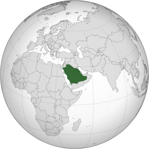 Projection orthographique de la localisation de l'Arabie Saoudite, au Moyen-Orient.